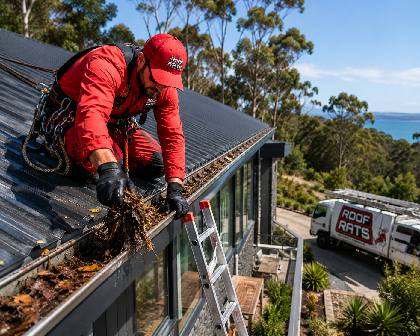 Roof Rats worker in red pulling a handful of leaves out of a gutter, branded van parked below
