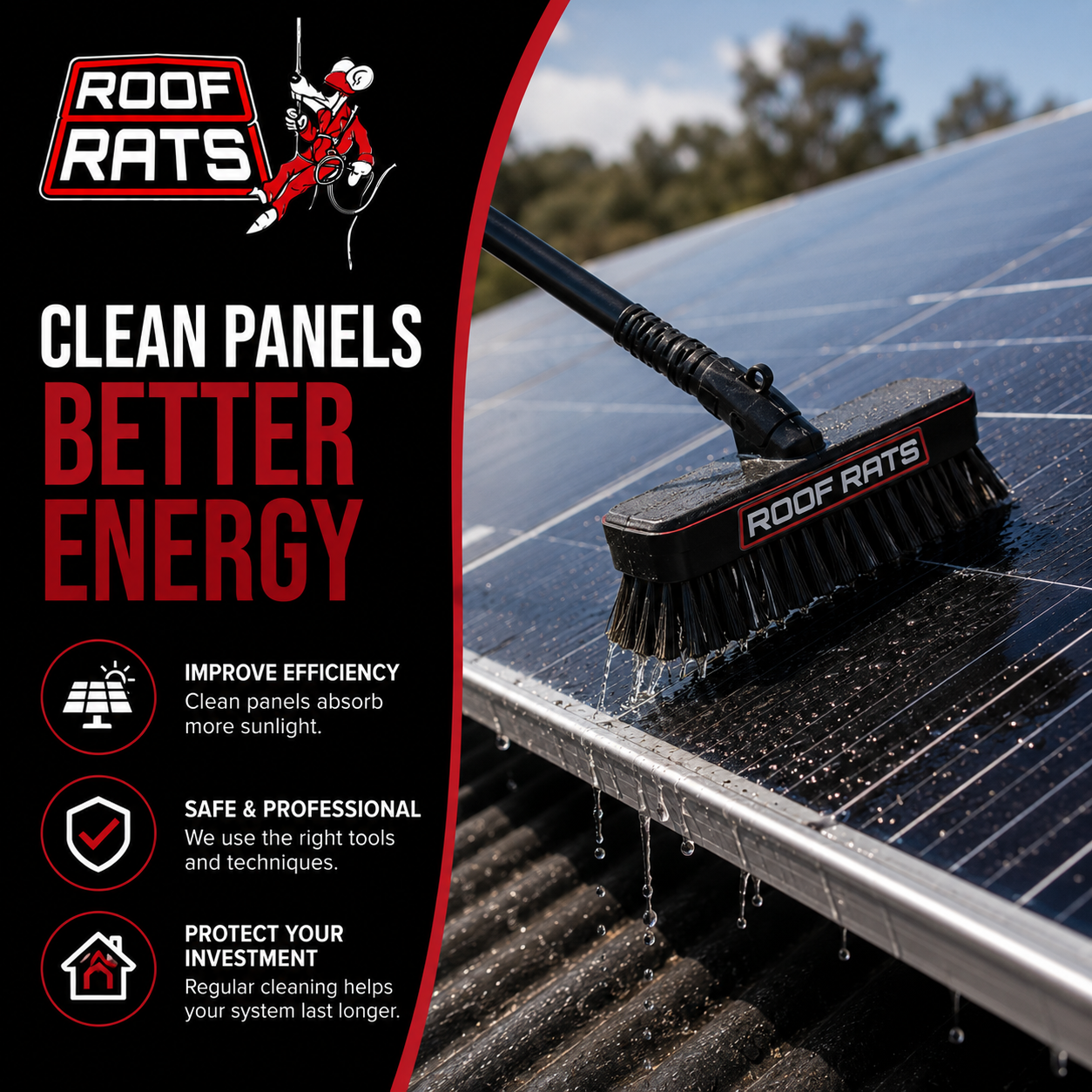 Roof Rats branded washing brush on a long pole running water across a solar panel