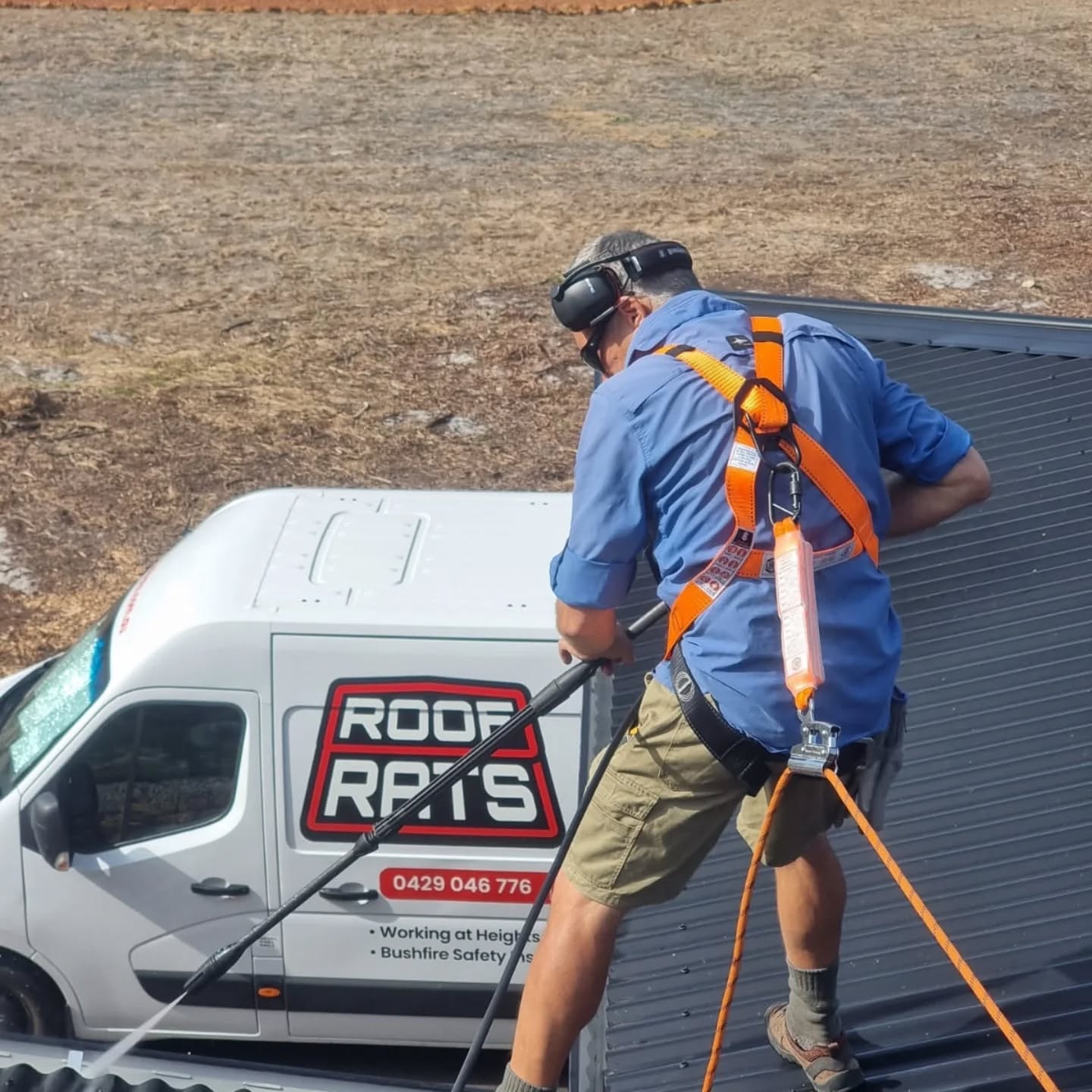 Worker in harness on a roof with the Roof Rats van and phone number visible below